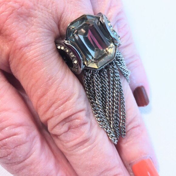 Statement Silver Toned Ring w/ Long Fringe Faux Gemstone Adjustable Cocktail - Picture 2 of 10